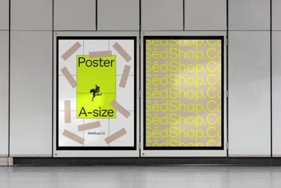 Modern poster mockup in a lit display case at a subway station for graphic designers and advertisers to showcase their work.