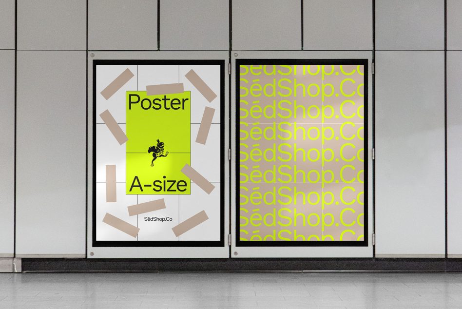 Modern poster mockup in a lit display case at a subway station for graphic designers and advertisers to showcase their work.