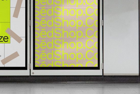 Storefront window mockup with yellow and gray branded design for showcasing advertising graphics in a realistic urban setting.
