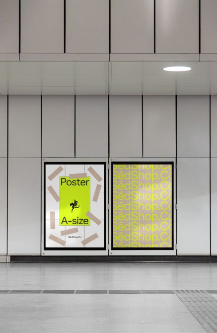 Interior billboard mockup in a modern station, showing two framed poster designs. Ideal for presenting advertising graphics or design templates.