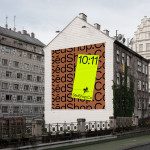 Urban billboard mockup with neon green ad design on building facade by canal for advertising, graphic design display, and branding presentation.