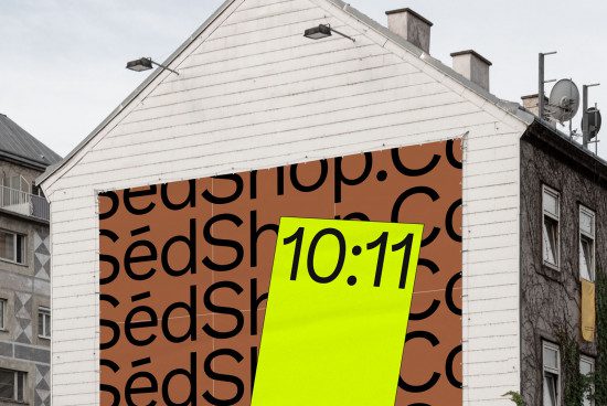 Urban billboard mockup with bold font graphics advertising, building exterior, bright yellow highlight, designers' digital asset.