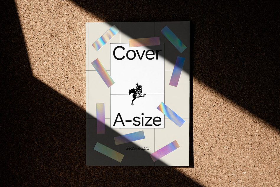 A-size book cover mockup with iridescent tape strips on neutral ground