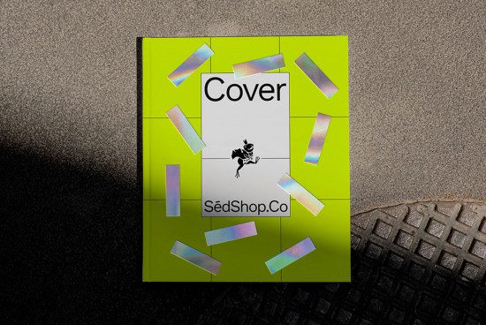 Vibrant green magazine mockup with holographic elements on a textured gray background, displaying cover design potential for creatives.