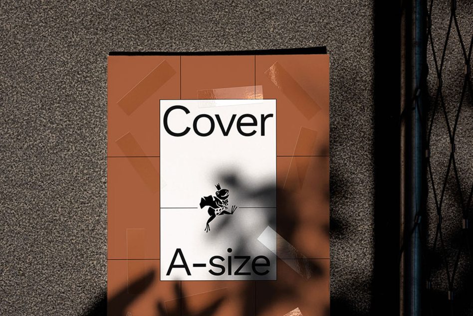 Magazine cover mockup design A-size with minimalist frog graphic casting shadow on textured background for presentations and portfolio showcases.