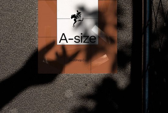 Poster mockup with dynamic shadows overlaid on terracotta texture background, featuring abstract graphics and A-size lettering, design resource.