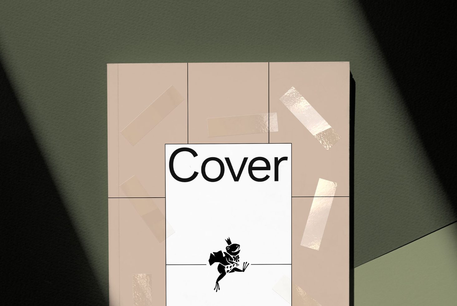 Elegant book cover mockup on textured background for graphic design, with abstract frog illustration, showcasing modern and minimalist style.