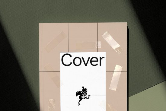 Elegant book cover mockup on textured background for graphic design, with abstract frog illustration, showcasing modern and minimalist style.