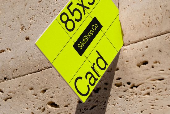 ALT: Business card mockup with yellow design on textured surface, presenting 85x55 mm dimensions for graphic designers.