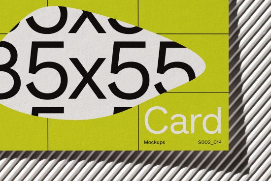 Graphic designer mockup for elliptical card showing text "35x55 Card", with green background and striped shadow, modern presentation for branding.