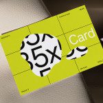 Business card mockup on textured background, modern design, eye-catching yellow with bold black typography and patterns, ideal for designers.