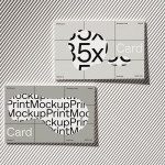 Business card mockup on striped background showing front and back designs for creative presentations, suitable for designer portfolio display.