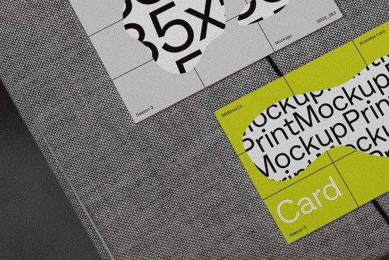 Print mockup cards with typographic design laid on textured fabric, ideal for showcasing business card designs to clients.