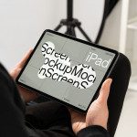 Person holding an iPad displaying mockup screens, ideal for designers looking to present digital designs in a professional mockup template.