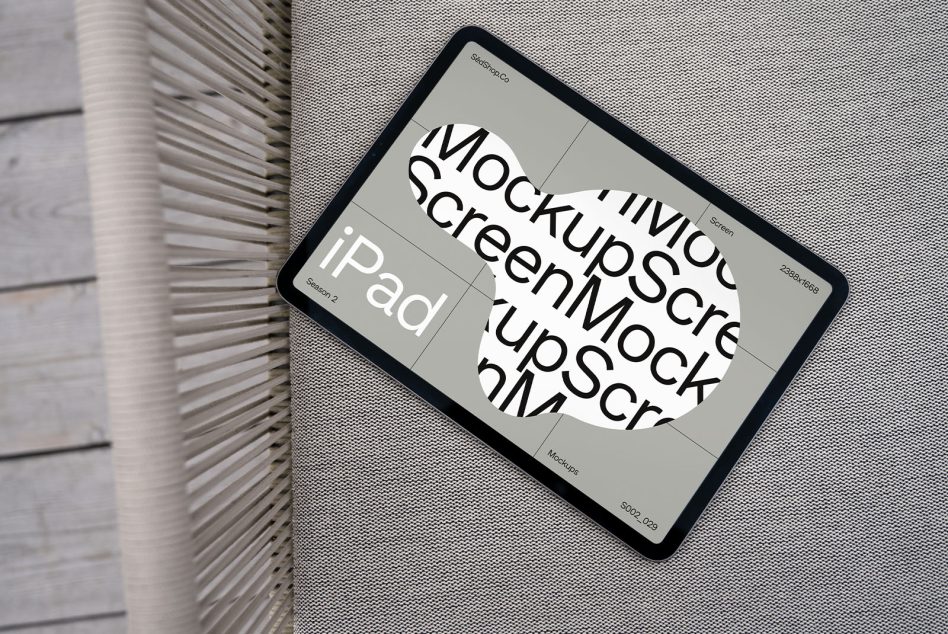 iPad tablet mockup flat lay with layered text design on neutral surface
