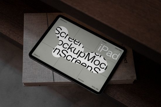 iPad mockup on a desk displaying design, realistic digital tablet template for presentations, perfect for designers and graphic displays.