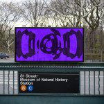 Urban billboard mockup with purple abstract graffiti design at 81 Street- Museum of Natural History Station, ideal for designers' advertising presentations.