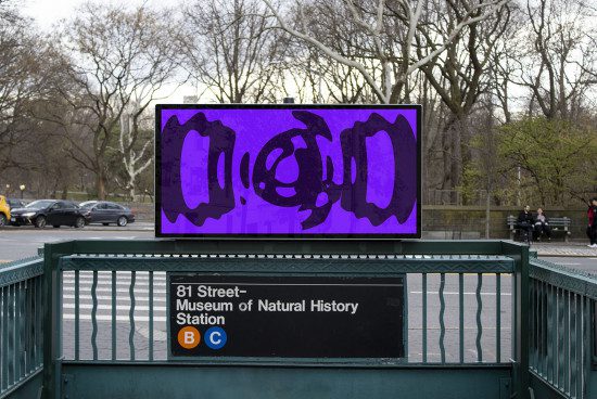 Urban billboard mockup with purple abstract graffiti design at 81 Street- Museum of Natural History Station, ideal for designers' advertising presentations.