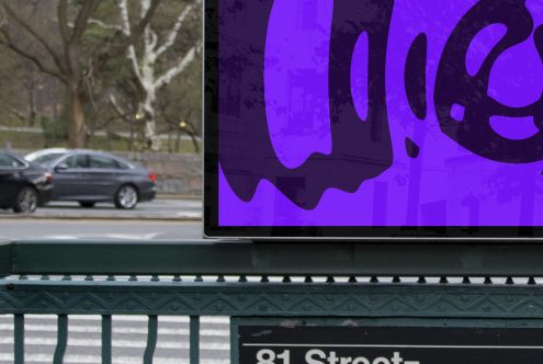 Urban billboard mockup displaying vibrant purple abstract design, set against city background with park and vehicles. Ideal for graphic presentations.