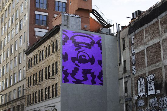 Urban mural mockup showcasing bold purple camo design on a building facade, ideal for presentations in graphics and templates categories.