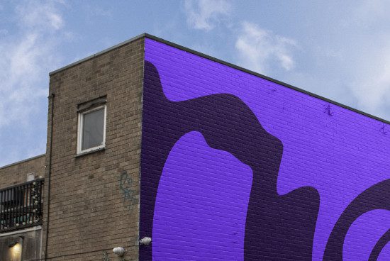Vibrant purple urban wall mural with abstract design, ideal for mockup background, trendy city art textures, and building exterior graphics.