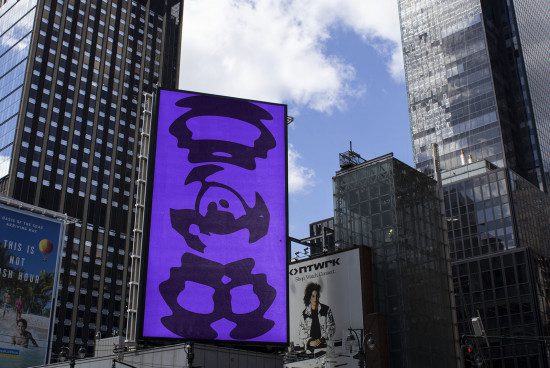 Urban billboard mockup featuring a vibrant purple advertisement, with city skyline backdrop for graphic designers.