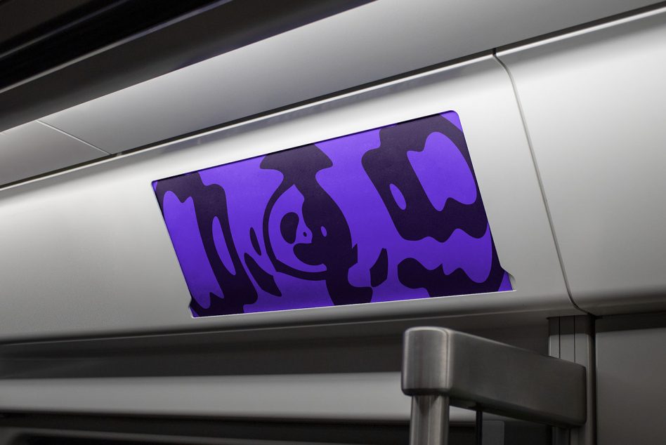 Purple abstract graphic ad mockup displayed in public transport setting, ideal for designers looking for advertising templates.