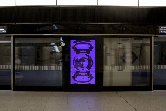 Underground station digital billboard mockup with vibrant purple graphic design ad, showcasing dynamic advertising space for designers.