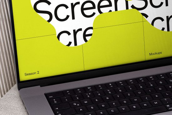 Laptop screen displaying bright lime green mockup design, text overlay, for digital asset marketplace, appealing to modern graphic designers.