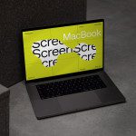 Laptop mockup on concrete steps displaying bright screen, perfect for designers showcasing web and user interface designs.