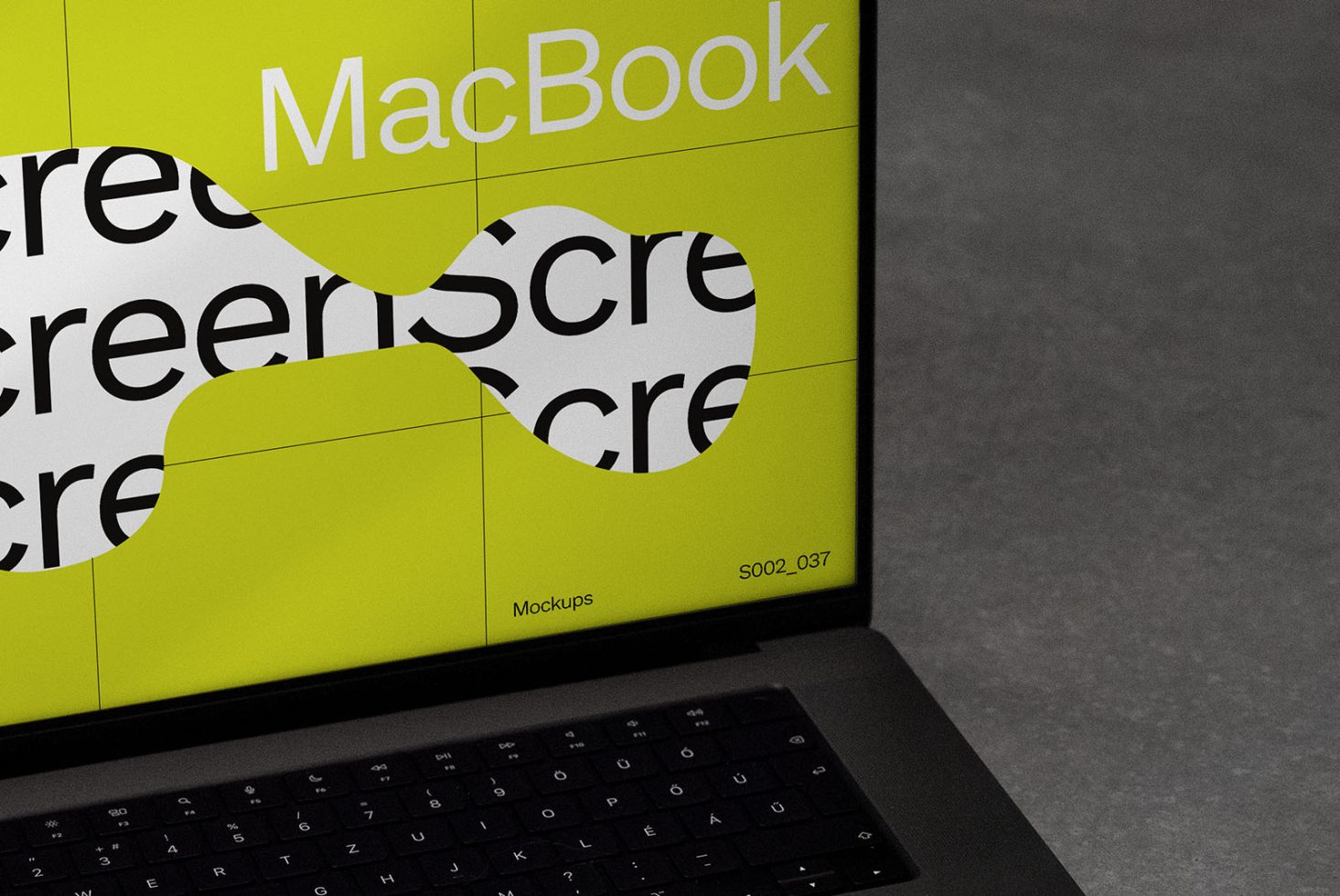 Close-up view of laptop screen mockup with vibrant yellow wrap design, ideal for presenting digital graphics and branding.