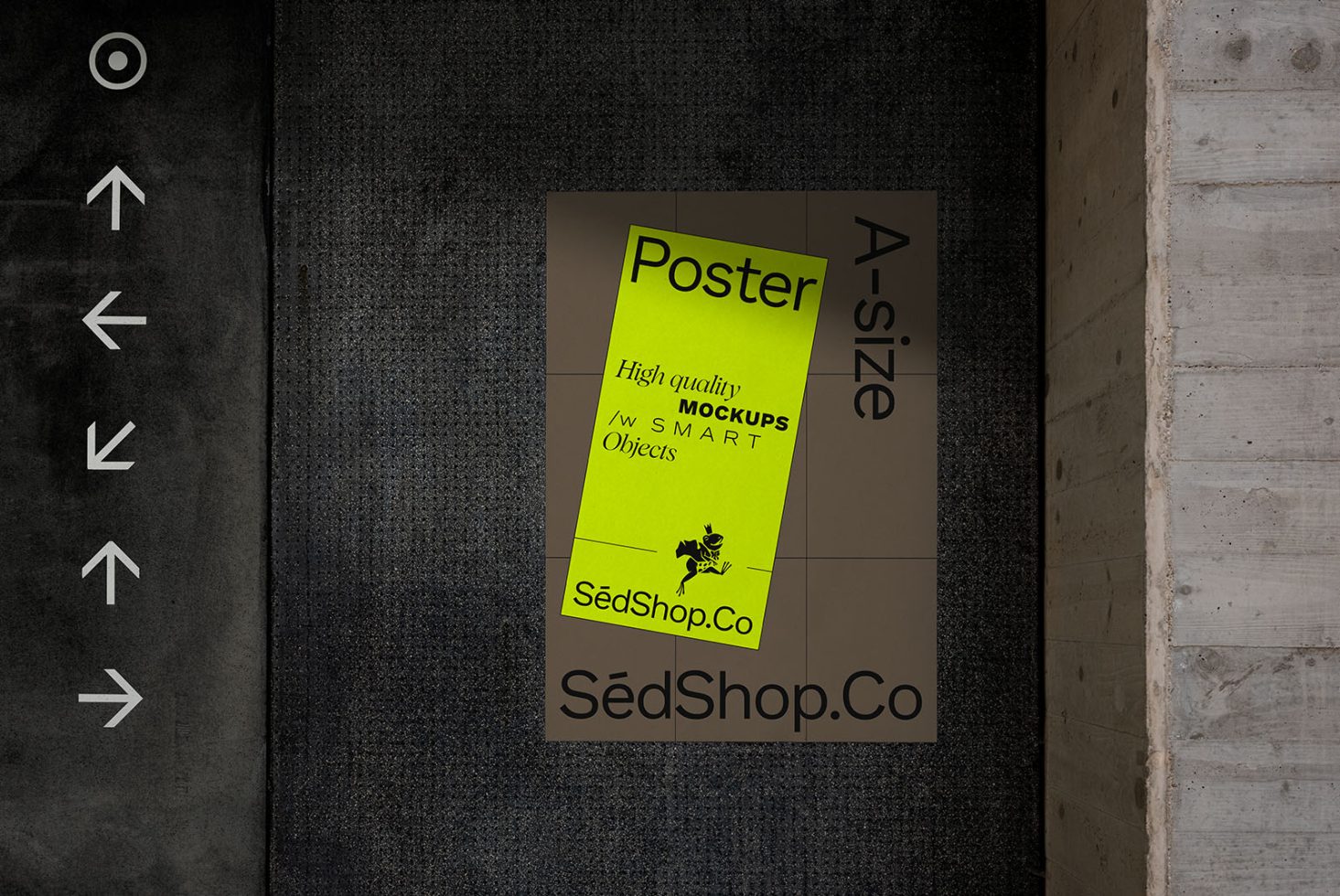 Urban poster mockup in a dark, gritty alley for design presentation. Realistic lighting, concrete textures, high contrast, focus on A-size poster.