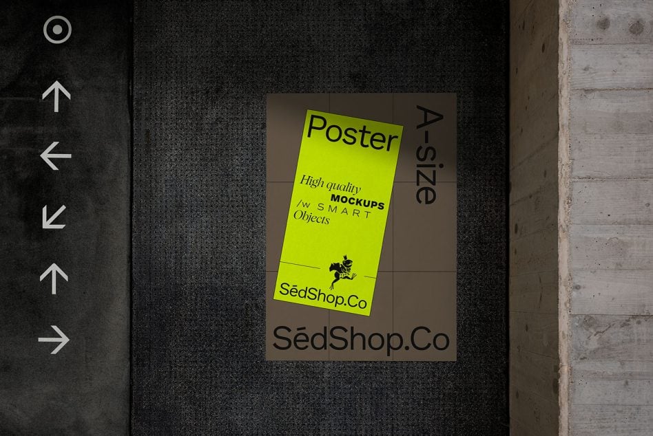 Bright yellow poster mockup in concrete stairwell with navigation arrows