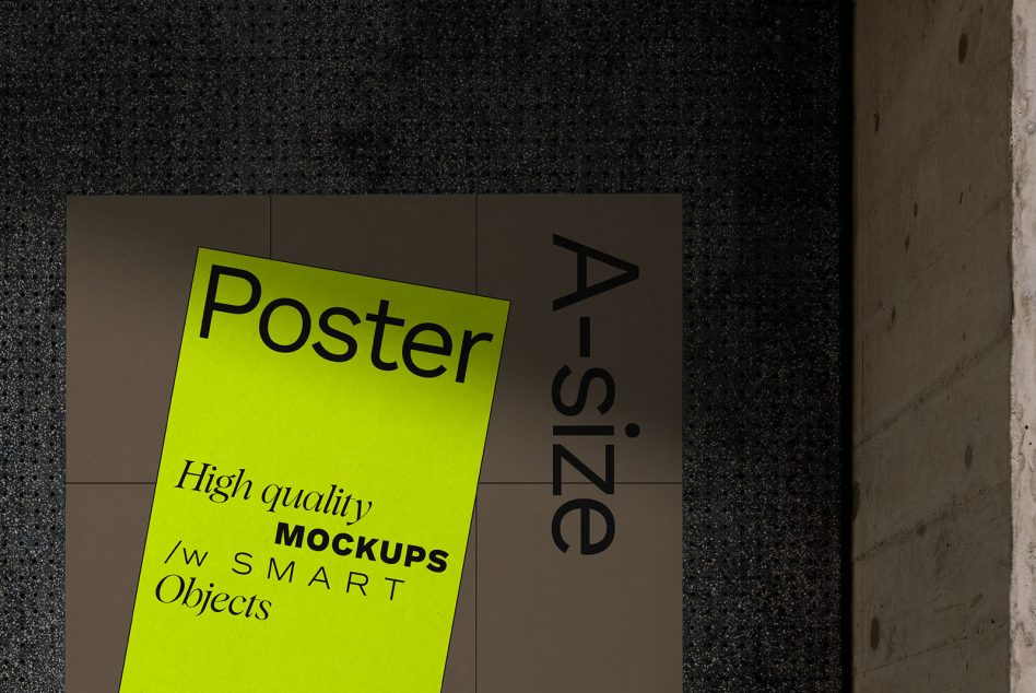 Neon yellow poster mockup angled on neutral tile background