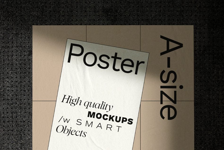 Angled white poster mockup on beige tile wall with vertical text