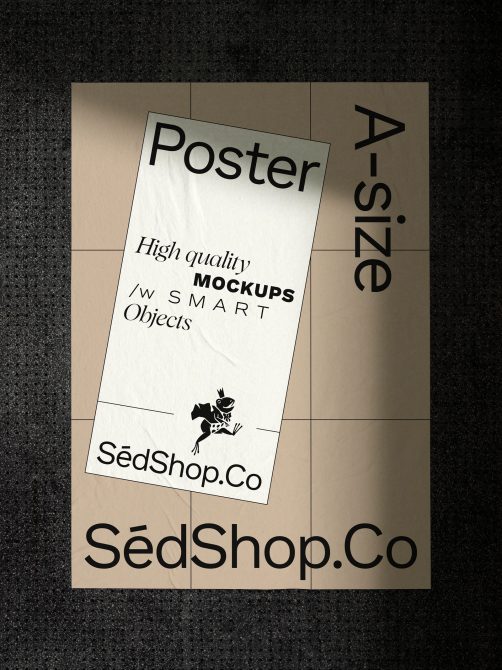 A3 size poster mockup on dark texture, angled white card with mixed typography samples