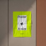 Bright yellow poster mockup A-size on a wall showcasing font and graphic design elements, ideal resource for creative designers.