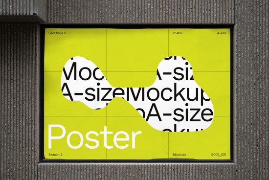 Bright yellow poster mockup displayed on urban outdoor billboard with dynamic typography design, essential for advertising presentation.