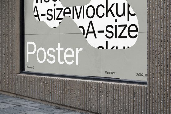 Urban poster mockup on a glass exterior wall for presenting design work, adaptable for graphics and templates.