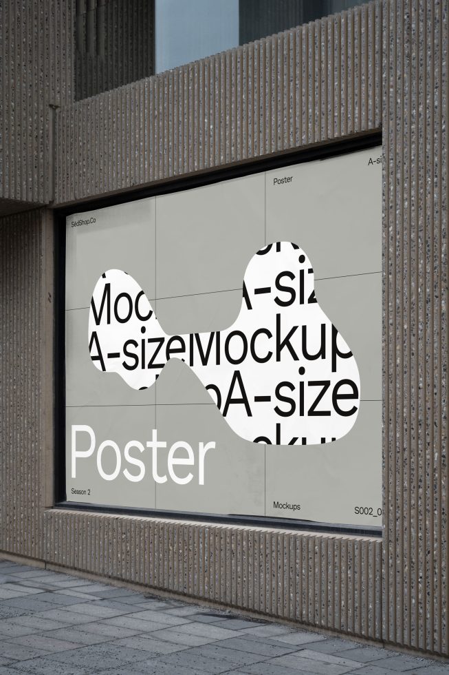 Urban poster billboard mockup display on exterior wall for graphic designers, advertising mockup, outdoor signage, realistic storefront.