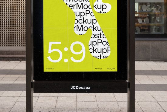Urban billboard mockup with bright yellow poster display in a street setting, featuring large text and design space, ideal for advertising presentations.