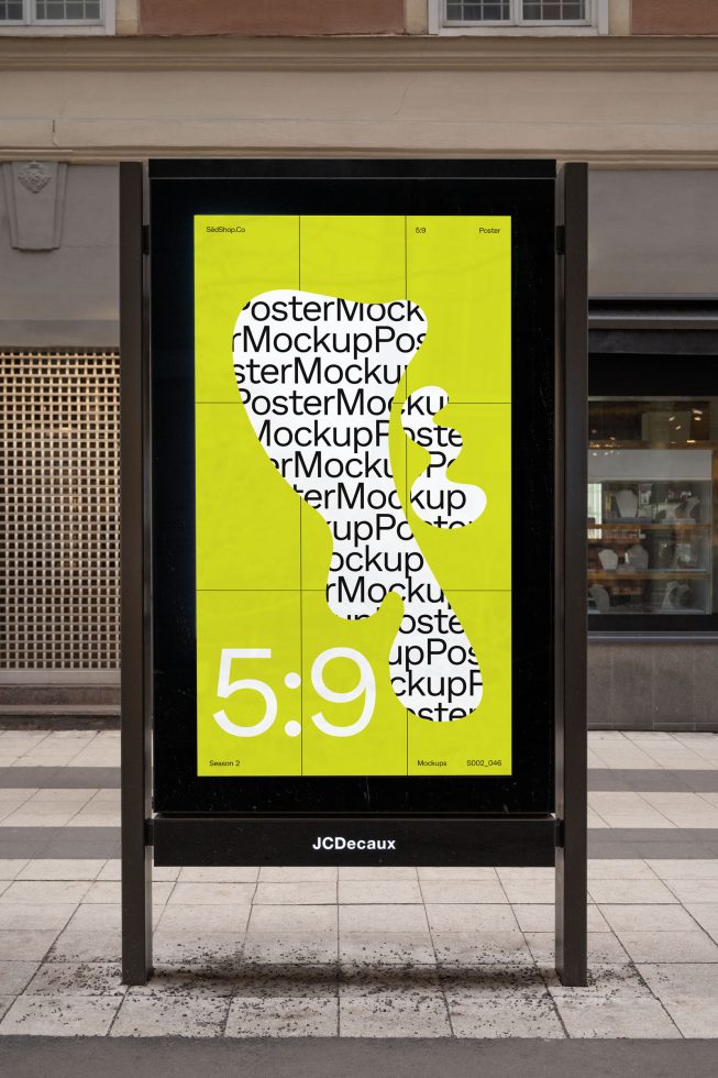 Urban poster mockup on bus stop showcasing bright yellow design, suitable for graphic presentations and advertising designs by creatives.