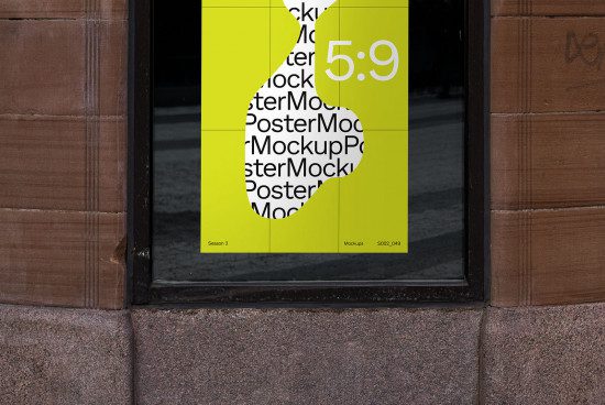Urban poster mockup displayed in a window frame, bright yellow with bold typography design, realistic street environment for presentation.
