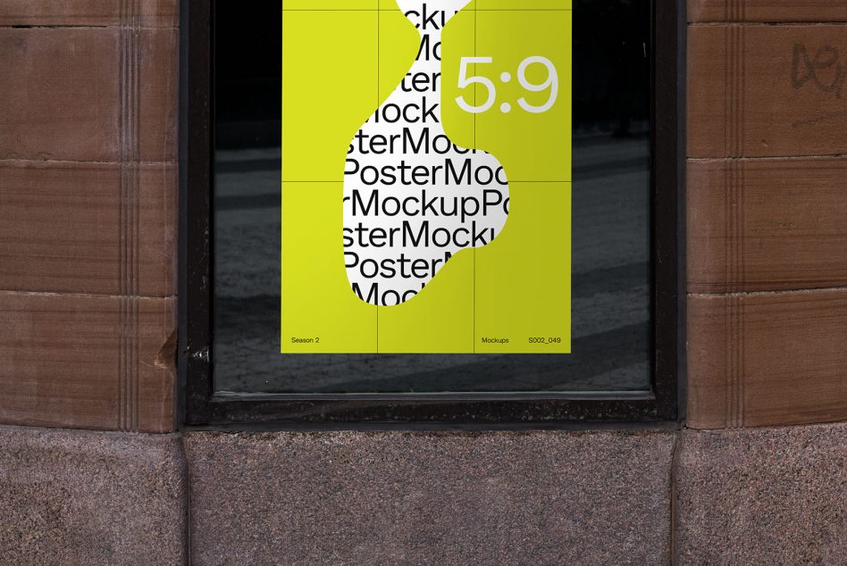 Urban poster mockup displayed in a window frame, bright yellow with bold typography design, realistic street environment for presentation.