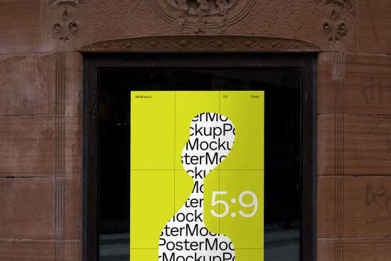 Urban poster mockup on storefront window for graphic design display, realistic city environment for marketing presentations.