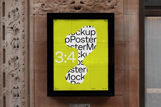 Bright yellow poster mockup in a black frame on a textured wall, showcasing font and layout design, perfect for graphic designers.