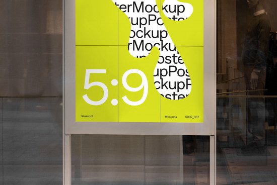 Yellow storefront poster mockup with numerical design 5:9, urban setting for branding, advertising, Season 2 visible. Ideal for designers' showcases.