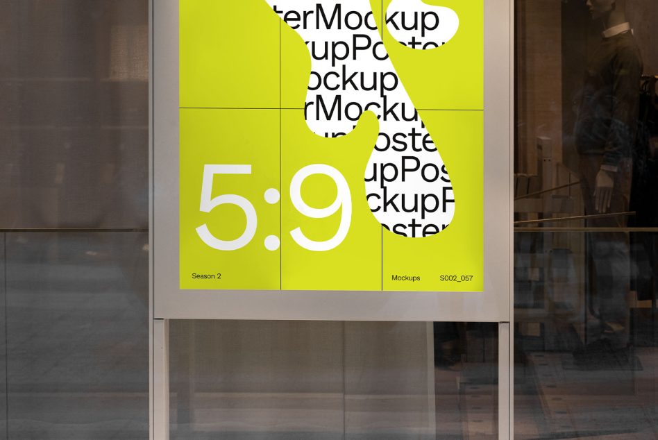 Large yellow 5:9 poster mockup displayed on store window grid