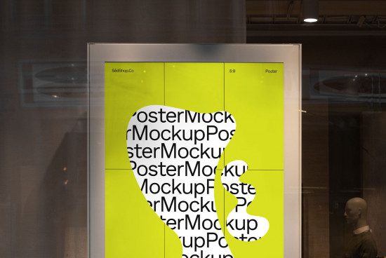 Bright yellow poster mockup displayed in a store window with repeating text design, ideal for showcasing graphic design and typography.