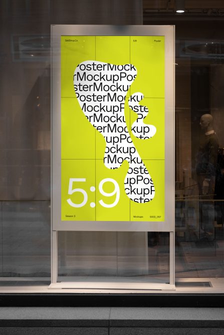 Lime yellow 5:9 poster mockup in storefront window display
